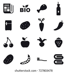 16 vector icon set : newspaper, bio, chicken leg, hot pepper, cherry, apple, beet, strawberry, potato, peas, tooth brush, stack of towels