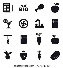 16 vector icon set : newspaper, bio, chicken leg, cocktail, cooler fan, water tap, fridge, corkscrew, apple, beet, strawberry, carrot, potato