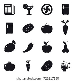 16 vector icon set : newspaper, cocktail, cooler fan, fridge, hot pepper, apple, pear, tomato, carrot, potato, wiping