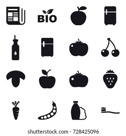 16 vector icon set : newspaper, bio, fridge, cherry, mushroom, apple, tomato, strawberry, carrot, peas, shampoo, tooth brush