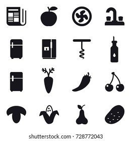 16 vector icon set : newspaper, cooler fan, water tap, fridge, corkscrew, hot pepper, cherry, mushroom, corn, pear, potato