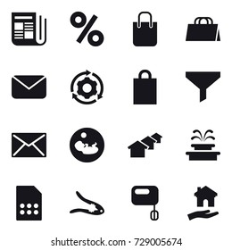 16 vector icon set : newspaper, percent, shopping bag, mail, around gear, funnel, houses, fountain, walnut crack, housing