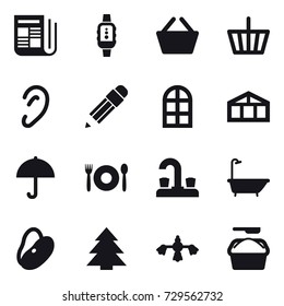 16 vector icon set : newspaper, smartwatch, basket, pencil, arch window, greenhouse, cafe, water tap, bath, spruce, hard reach place cleaning, washing powder