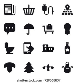 16 vector icon set : newspaper, basket, baggage trolley, bulb, toilet, mushroom, spruce, hard reach place cleaning, apron