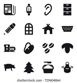 16 vector icon set : newspaper, smartwatch, pencil, arch window, bungalow, kolander, coffee seeds, mushroom, pig, spruce, washing powder, apron