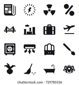 16 vector icon set : newspaper, lightning, nuclear, percent, bridge, city, suitcase, departure, safe, air conditioning, dresser, big spoon, beet, broom, bath, outsource