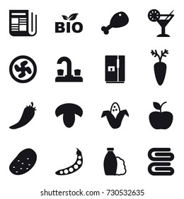 16 vector icon set : newspaper, bio, chicken leg, cocktail, cooler fan, water tap, fridge, hot pepper, mushroom, corn, apple, potato, peas, shampoo, stack of towels