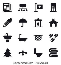 16 vector icon set : newspaper, structure, building, pencil, detector, bungalow, bath, colander, coffee seeds, spruce, hard reach place cleaning, toilet, stack of towels