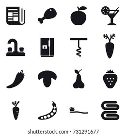 16 vector icon set : newspaper, chicken leg, cocktail, water tap, fridge, corkscrew, hot pepper, mushroom, pear, strawberry, carrot, peas, tooth brush, stack of towels
