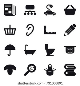 16 vector icon set : newspaper, structure, electric car, basket, ruler, pencil, bath, toilet, colander, mushroom, viruses, apron, stack of towels