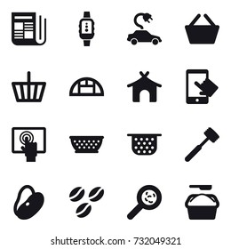 16 vector icon set : newspaper, smartwatch, electric car, basket, greenhouse, bungalow, kolander, colander, meat hammer, coffee seeds, viruses, washing powder