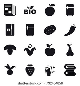 16 vector icon set : newspaper, bio, fridge, hot pepper, mushroom, corn, apple, pear, beet, strawberry, wiping, stack of towels