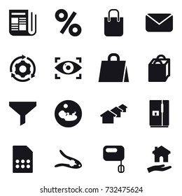 16 vector icon set : newspaper, percent, shopping bag, mail, around gear, eye identity, funnel, houses, fridge, walnut crack, housing