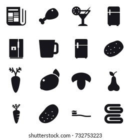 16 vector icon set : newspaper, chicken leg, cocktail, fridge, cup, mushroom, pear, carrot, potato, tooth brush, stack of towels