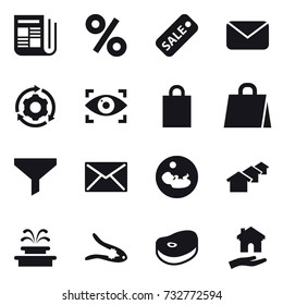 16 vector icon set : newspaper, percent, sale, mail, around gear, eye identity, shopping bag, funnel, houses, fountain, walnut crack, housing