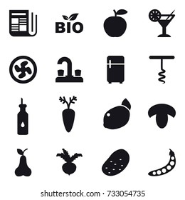 16 vector icon set : newspaper, bio, cocktail, cooler fan, water tap, fridge, corkscrew, mushroom, pear, beet, potato, peas