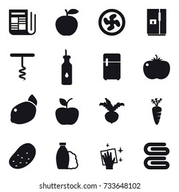 16 vector icon set : newspaper, cooler fan, fridge, corkscrew, apple, beet, carrot, potato, shampoo, wiping, stack of towels
