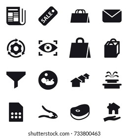 16 vector icon set : newspaper, sale, shopping bag, mail, around gear, eye identity, funnel, houses, fountain, walnut crack, housing
