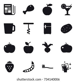 16 vector icon set : newspaper, chicken leg, cocktail, cup, corkscrew, apple, beet, tomato, strawberry, peas, tooth brush, wiping