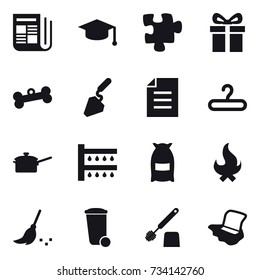 16 vector icon set : newspaper, graduate hat, puzzle, gift, bone, construction, hanger, saute pan, watering, flour, fire, broom, trash bin, toilet brush, floor washing
