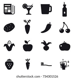 16 vector icon set : newspaper, cocktail, cup, hot pepper, cherry, corn, apple, beet, tomato, strawberry, carrot, tooth brush, wiping
