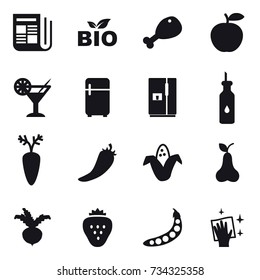 16 vector icon set : newspaper, bio, chicken leg, cocktail, fridge, hot pepper, corn, pear, beet, strawberry, peas, wiping