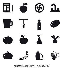 16 vector icon set : newspaper, cooler fan, water tap, cup, corkscrew, apple, pear, beet, tomato, peas, shampoo, wiping