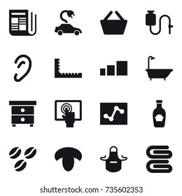 16 vector icon set : newspaper, electric car, basket, ruler, bath, nightstand, coffee seeds, mushroom, apron, stack of towels