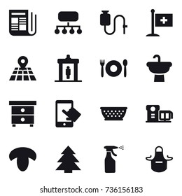 16 vector icon set : newspaper, structure, detector, cafe, nightstand, kolander, mushroom, spruce, sprayer, apron