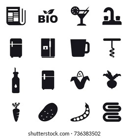 16 vector icon set : newspaper, bio, cocktail, water tap, fridge, cup, corkscrew, corn, beet, carrot, potato, peas, stack of towels