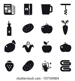 16 vector icon set : newspaper, fridge, cup, corkscrew, corn, apple, tomato, strawberry, potato, wiping, stack of towels