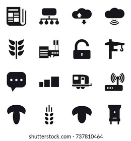 16 vector icon set : newspaper, structure, cloude service, cloud wireless, mall, unlock, tower crane, trailer, spikelets, mushroom, hive