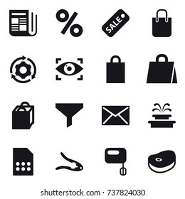 16 vector icon set : newspaper, percent, sale, shopping bag, around gear, eye identity, funnel, mail, fountain, walnut crack