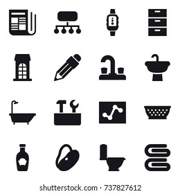 16 vector icon set : newspaper, structure, smartwatch, building, pencil, water tap, bath, repair tools, kolander, toilet, stack of towels