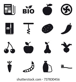 16 vector icon set : newspaper, bio, cooler fan, fridge, corkscrew, hot pepper, cherry, apple, pear, beet, carrot, peas, shampoo, tooth brush