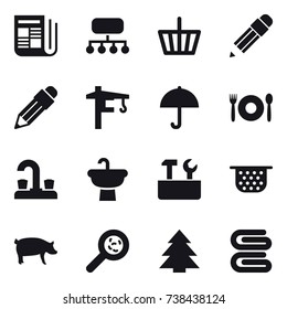 16 vector icon set : newspaper, structure, basket, pencil, tower crane, cafe, water tap, repair tools, colander, pig, viruses, spruce, stack of towels