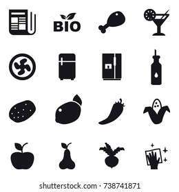 16 vector icon set : newspaper, bio, chicken leg, cocktail, cooler fan, fridge, hot pepper, corn, apple, pear, beet, wiping