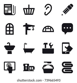 16 vector icon set : newspaper, basket, pencil, arch window, tower crane, greenhouse, bath, repair tools, washing powder, stack of towels