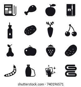 16 vector icon set : newspaper, chicken leg, fridge, cherry, pear, tomato, strawberry, potato, peas, shampoo, wiping, stack of towels