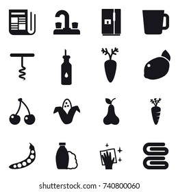 16 vector icon set : newspaper, water tap, fridge, cup, corkscrew, cherry, corn, pear, carrot, peas, shampoo, wiping, stack of towels