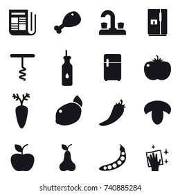 16 vector icon set : newspaper, chicken leg, water tap, fridge, corkscrew, hot pepper, mushroom, apple, pear, peas, wiping