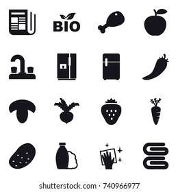 16 vector icon set : newspaper, bio, chicken leg, water tap, fridge, hot pepper, mushroom, beet, strawberry, carrot, potato, shampoo, wiping, stack of towels