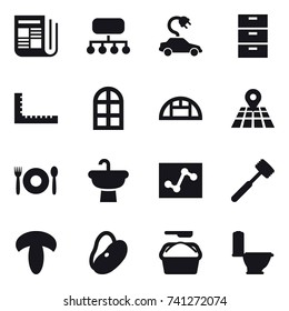 16 vector icon set : newspaper, structure, electric car, ruler, arch window, greenhouse, cafe, meat hammer, washing powder, toilet