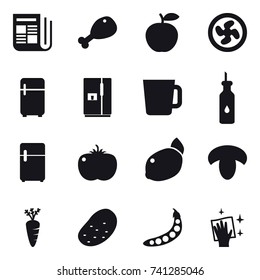 16 vector icon set : newspaper, chicken leg, cooler fan, fridge, cup, mushroom, carrot, potato, peas, wiping