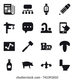 16 vector icon set : newspaper, structure, smartwatch, pencil, tower crane, water tap, meat hammer, pig, hard reach place cleaning, toilet