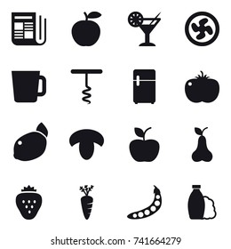 16 vector icon set : newspaper, cocktail, cooler fan, cup, corkscrew, mushroom, apple, pear, strawberry, carrot, peas, shampoo