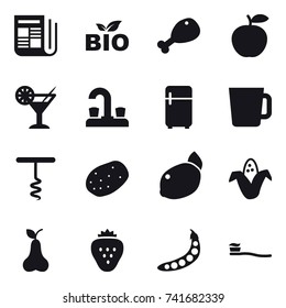 16 vector icon set : newspaper, bio, chicken leg, cocktail, water tap, fridge, cup, corkscrew, corn, pear, strawberry, peas, tooth brush