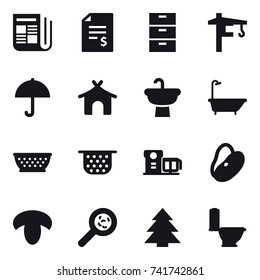 16 vector icon set : newspaper, account balance, tower crane, bungalow, bath, kolander, colander, mushroom, viruses, spruce, toilet