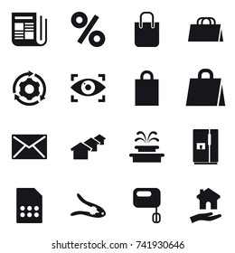 16 vector icon set : newspaper, percent, shopping bag, around gear, eye identity, mail, houses, fountain, fridge, walnut crack, housing