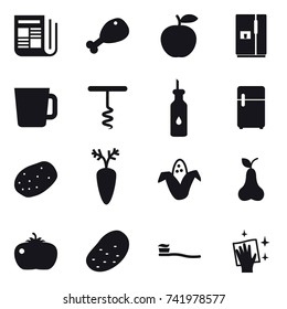 16 vector icon set : newspaper, chicken leg, fridge, cup, corkscrew, corn, pear, tomato, potato, tooth brush, wiping